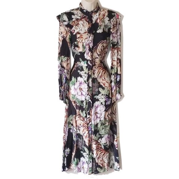 H&M Floral Tiger Ruffled Button Front High Neck Midi Dress 2 Black   50OFF3 - Picture 2 of 9